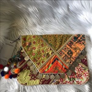 ANTIK BATIK Banjo Embellished Clutch Orange/Green